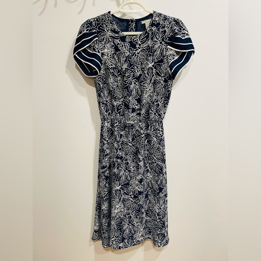 H&M Navy and White Floral Midi Dress with original Sleeves